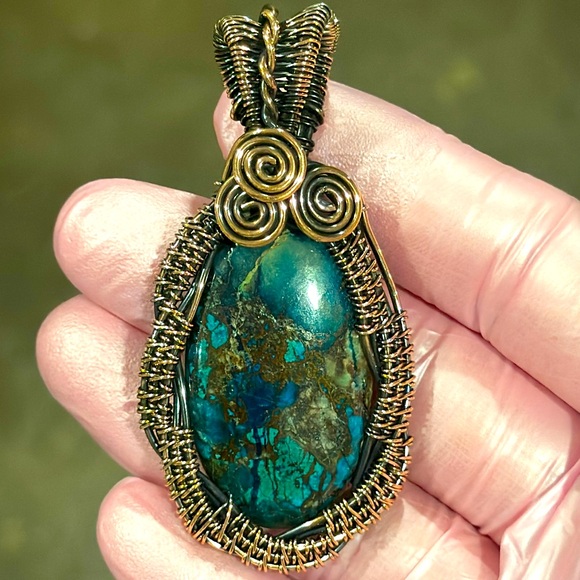Copper Wire Wrapped Pendant with Chrysocolla Gemstone - Picture 1 of 3